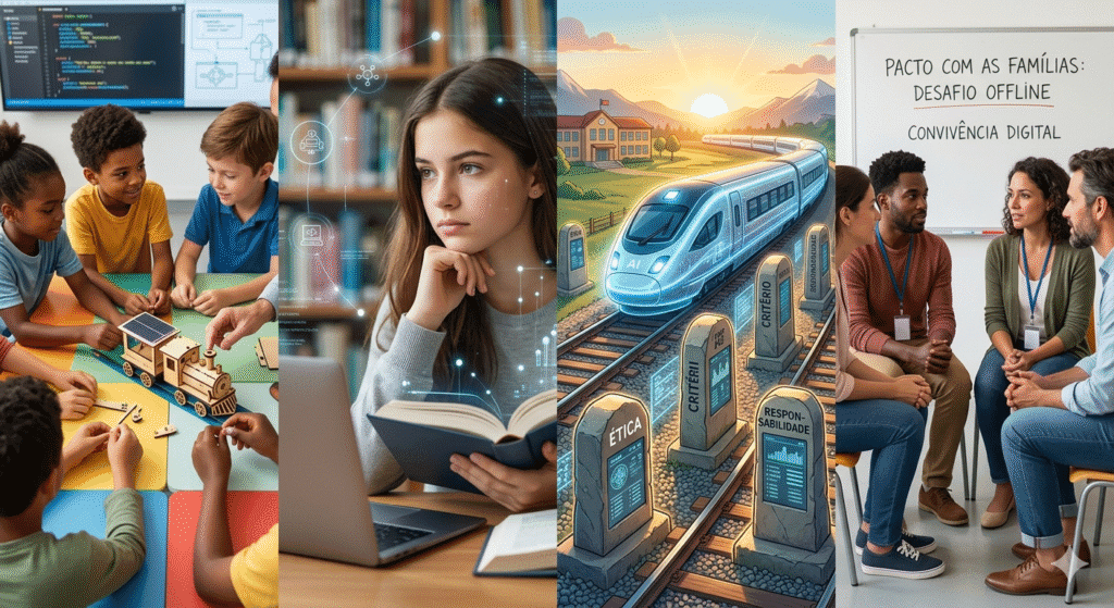 Uma imagem composta por quatro cenas em formato de triptych que ilustra o equilíbrio entre tecnologia e humanidade na educação. Da esquerda para a direita, crianças colaboram em um projeto de trem solar com mãos e ferramentas; uma adolescente analisa dados digitais e um livro físico em uma biblioteca; um trem de alta velocidade representando a IA é guiado por marcos de pedra com texto em português como ÉTICA, CRITÉRIO e RESPONSABILIDADE; e um grupo de adultos e crianças discute em um círculo de workshop o PACTO COM AS FAMÍLIAS e CONVIVÊNCIA DIGITAL.