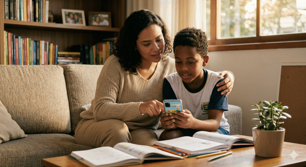 Mãe e filho compartilhando o uso de um smartphone em ambiente familiar com livros. Não é só um celular. É uma nova fase no desenvolvimento que precisa de atenção parental.