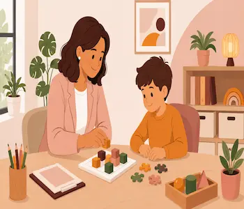 Psicopedagoga realizando avaliação psicopedagógica com criança
