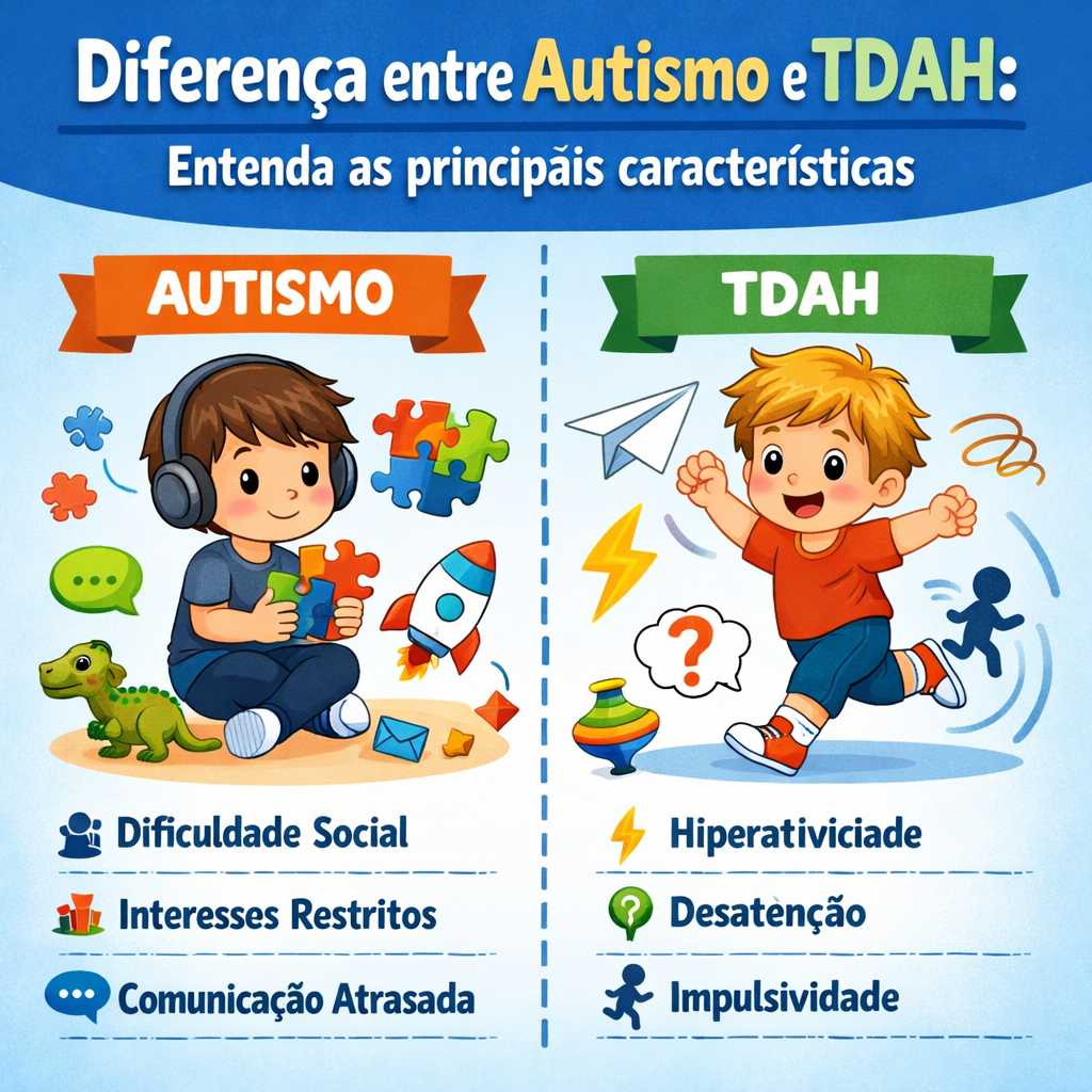 Infográfico explicativo que compara a diferença entre autismo e TDAH, mostrando os sinais únicos de cada transtorno e os sintomas que se sobrepõem.