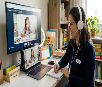 Psicopedagogo realizando atendimento online pelo computador