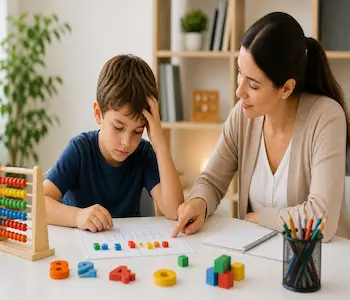 Criança com dificuldade em matemática sendo auxiliada por psicopedagoga com materiais educativos, representando a discalculia infantil