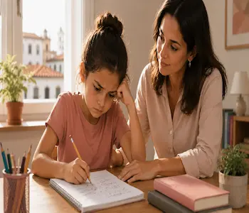 Criança com dificuldade na escrita à mesa, ilustrando o que é disgrafia e como identificar os sinais para buscar acompanhamento psicopedagógico