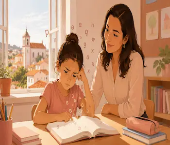 Criança com dificuldade de leitura em sala de aula, ilustrando os sintomas de dislexia em Portugal e a importância do acompanhamento psicopedagógico