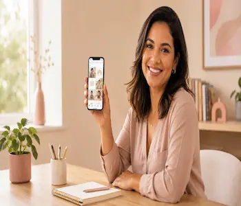 Psicopedagoga sorrindo ao lado de smartphone com feed do Instagram aberto, representando como divulgar consultório de psicopedagogia nas redes sociais