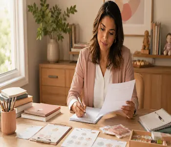 Neuropsicopedagoga em consultório analisando documentos, representando a atuação clínica e institucional da neuropsicopedagogia