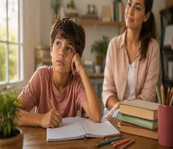 Criança com dificuldade de concentração à mesa de estudo, ilustrando os sintomas de PHDA e o papel da psicopedagogia no acompanhamento