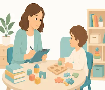 Psicopedagoga realizando avaliação psicopedagógica com criança em consultório