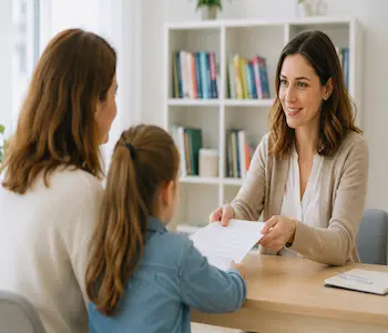 Relatório psicopedagógico impresso sobre mesa de consultório