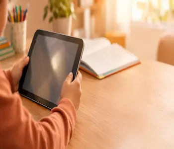 Telas e desenvolvimento infantil: criança usando tablet enquanto pais observam o tempo de tela